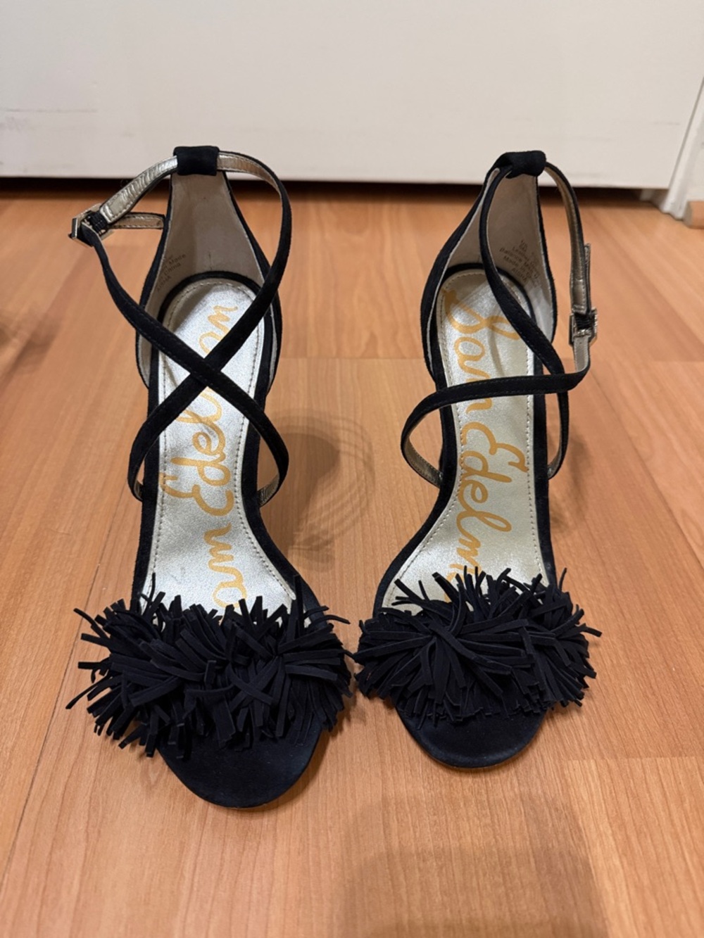 Sam Edelman Black Suede Fringe Strappy Heels